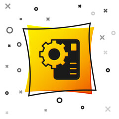 Black Neural network icon isolated on white background. Artificial intelligence AI. Yellow square button. Vector