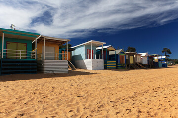 Fototapeta na wymiar Colorful beach boxes in Mornington Peninsula, Australia