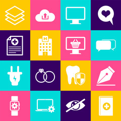 Set Medical book, Fountain pen nib, Chat, Computer monitor screen, hospital building and Clinical record icon. Vector