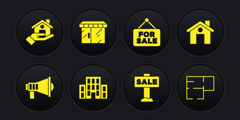 Set Megaphone, House, Hanging sign with Sale, For, Market store, plan and Realtor icon. Vector