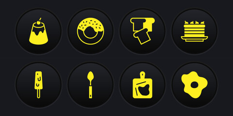 Set Ice cream, Cake, Spoon, Cutting board, Bread toast, Donut, Scrambled eggs and Pudding custard icon. Vector