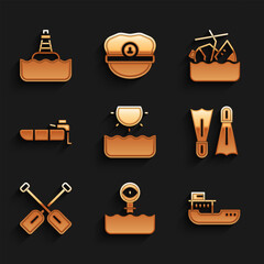 Set Sun, Periscope, Cargo ship, Flippers for swimming, Paddle, Inflatable boat with motor, Sinking cruise and Floating buoy icon. Vector