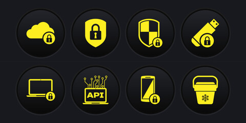 Set Laptop and lock, USB flash drive with, Computer api interface, Smartphone, Shield security and icon. Vector