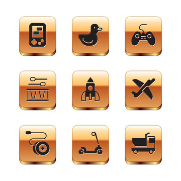 Set Tetris electronic game, Yoyo toy, Roller scooter, Rocket ship, Drum with drum sticks, Gamepad, Toy truck and Rubber duck icon. Vector