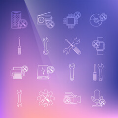 Set line Microphone service, Screwdriver and wrench, Smartwatch, Processor, Wrench, Mobile Apps and Crossed screwdriver icon. Vector