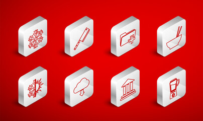 Set line Blender, Meat chopper, Add new folder, Bowl with chopsticks, Bank building, Snowflake, Cloud download and Sun and snowflake icon. Vector