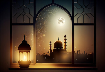 A windows depicts an islamic mosque at night with moon and lentern. In style of islamic city. Arched doorways. Eid al fitr background of window. Ramadan kareem eid mubarak islamic lantern on a table