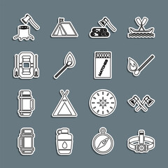 Set line Head flashlight, Crossed wooden axe, Burning match with fire, Wooden and, Rafting boat, stump and Open matchbox matches icon. Vector