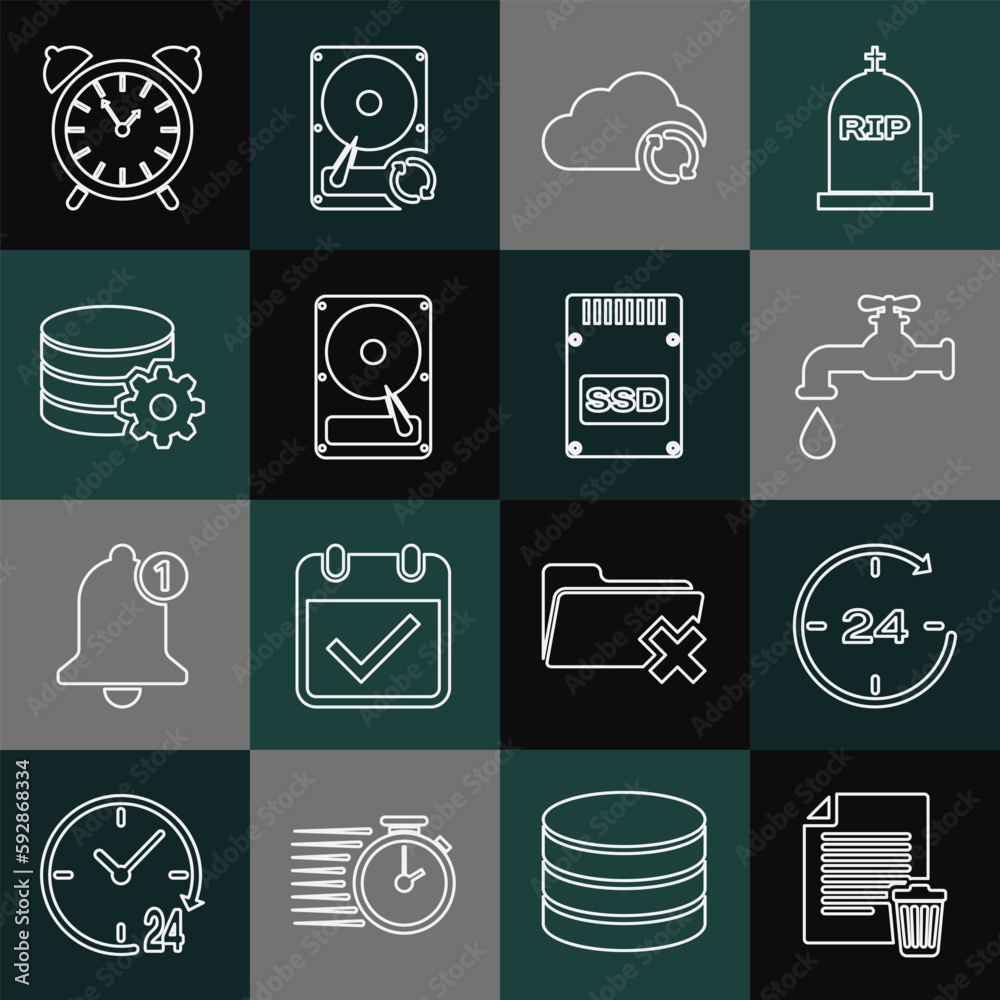 Poster set line delete file document, clock 24 hours, water tap, cloud sync refresh, hard disk drive hdd, s