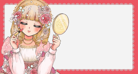 口紅を試す可愛いお姫様のイラスト・文字スペースバナー