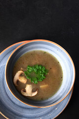 Mushroom soup in a deep bowl on a dark background. Mushrooms and champignons. Lean menu. Healthy food. Copy space.Vertical photo.