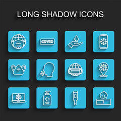 Set line Virus statistics on laptop, Liquid antibacterial soap, Earth with medical mask, Medical thermometer, Wet wipe pack, Man coughing, Corona virus 2019-nCoV location and icon. Vector