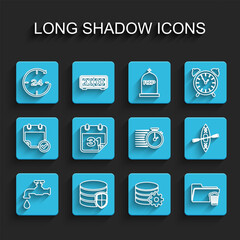 Set line Water tap, Database protection, Clock 24 hours, Setting database server, Delete folder, Calendar, Kayak and paddle and Stopwatch icon. Vector