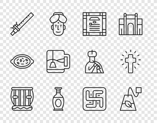 Set line Instrument tabla, Tea bag, India constitution day, Indian vase, Bamboo flute indian, Cup of tea with tea, Hindu swastika and Christian cross icon. Vector