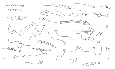 Fototapeta na wymiar Doodle cute glitter pen line elements.Hand drawn arrow vector icons set. sketch arrow design for business plan and education.
