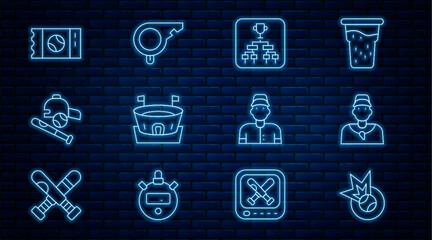 Set line Baseball ball, coach, Championship tournament bracket, arena, bat with hat, ticket, player and Whistle icon. Vector