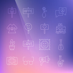 Set line Bong, Guitar, Hippie camper van, Flower in vase, Smile face, Peace dress print stamp, and icon. Vector