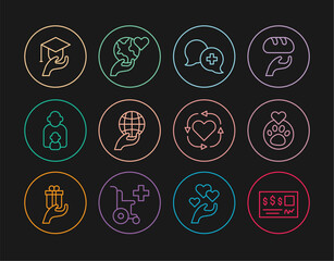 Set line Bank check, Heart with animals footprint, Dialogue doctor, Hand holding Earth globe, Taking care of children, Education grant, Volunteer and icon. Vector