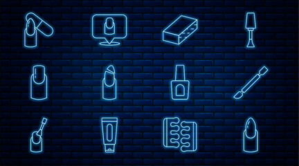 Set line Nail manicure, Cuticle pusher, file, Broken nail, Bottle of polish and Manicure icon. Vector