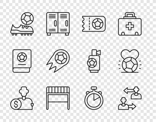Set line Buy football player, Substitution, Football or soccer ticket, goal, shoes, Soccer, Stopwatch and icon. Vector