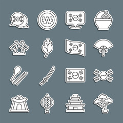 Set line Bonsai tree, South Korea flag, Traditional fan, Location, Kimchi, Kimono, and icon. Vector