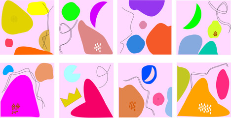 Set of abstract backgrounds. Colorful doodle objects. Draw various shapes. Modern fashion vector illustration. Each background is isolated. Used for sosial media template. Vintage and trendy.