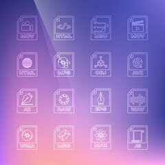 Set line JS file document, WAV, AVI, M3U, MP3, HTML, MOV and OBJ icon. Vector
