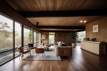 Plakat timber floors, wooden ceilings and natural light create warm and welcoming interior, created with generative ai
