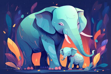 Mother and baby elephant in rich colors