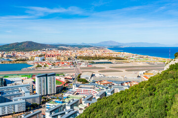 Fototapeta na wymiar View of the Gibraltar airport and Spanish town La Linea de Conception from the Upper Rock. UK