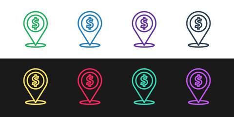 Set line Cash location pin icon isolated on black and white background. Pointer and dollar symbol. Money location. Business and investment concept. Vector