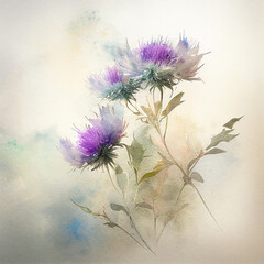 Generative AI. Blue knapweed flowers, branches and leaves, watercolor painting on white paper