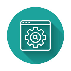White line Browser setting icon isolated with long shadow background. Adjusting, service, maintenance, repair, fixing. Green circle button. Vector