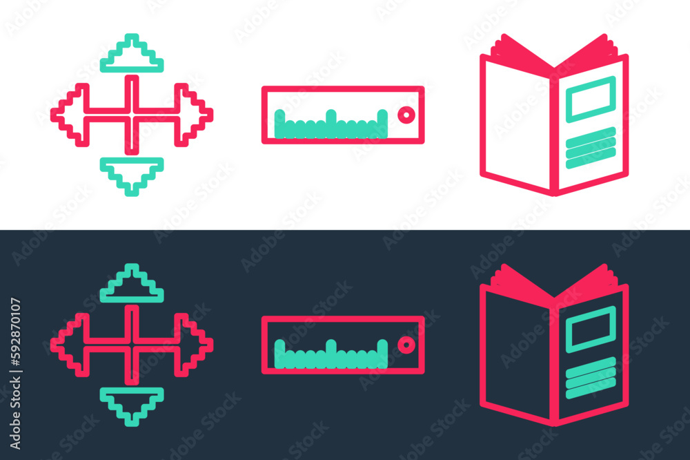 Sticker Set line Open book, Pixel arrows in four directions and Ruler icon. Vector