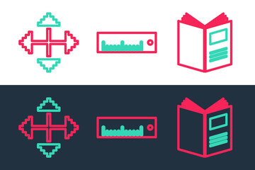 Set line Open book, Pixel arrows in four directions and Ruler icon. Vector