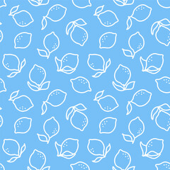 Blue seamless pattern with white outline lemon