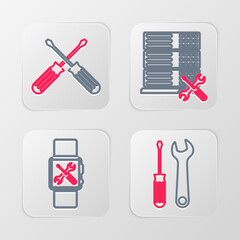 Set line Screwdriver and wrench, Smartwatch service, Database server and Crossed screwdrivers icon. Vector