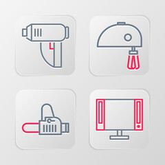 Set line Smart Tv, Chainsaw, Electric mixer and industrial dryer icon. Vector