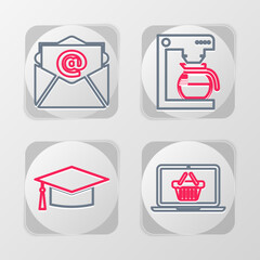 Set line Shopping basket on laptop, Graduation cap, Coffee machine with pot and Mail and e-mail icon. Vector