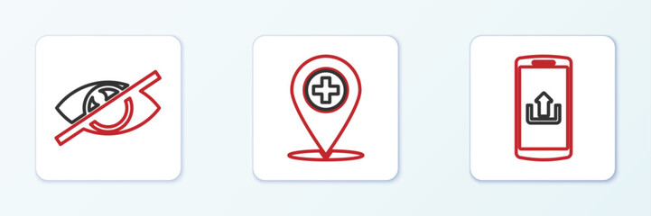 Set line Smartphone with upload, Invisible or hide and Medical location cross icon. Vector