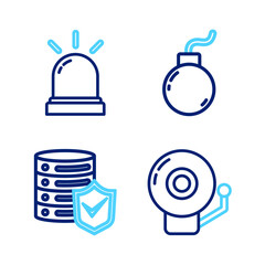 Set line Ringing alarm bell, Server with shield, Bomb ready to explode and Motion sensor icon. Vector