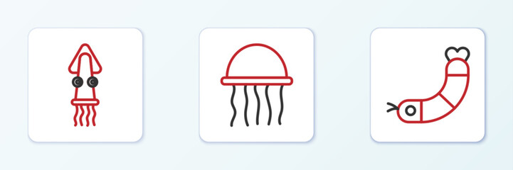 Set line Shrimp, Octopus and Jellyfish icon. Vector