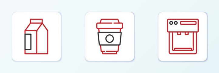 Set line Coffee machine, Bag coffee beans and cup to go icon. Vector