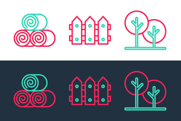 Set line Tree, Roll of hay and Garden fence wooden icon. Vector