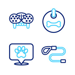 Set line Retractable cord leash, Location veterinary hospital, Dog collar and Cat tooth icon. Vector