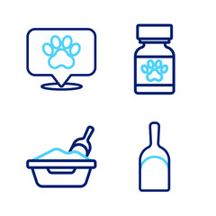 Set line Dustpan, Cat litter tray with shovel, Medicine bottle and pills and Location veterinary hospital icon. Vector