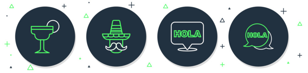 Set line Mexican man sombrero, Hola, Margarita cocktail and icon. Vector © vector_v