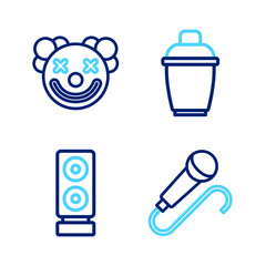 Set line Microphone, Stereo speaker, Cocktail shaker and Clown head icon. Vector
