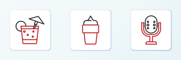 Set line Microphone, Cocktail and Ice cream in waffle cone icon. Vector