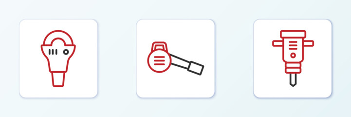 Set line Construction jackhammer, Angle grinder and Leaf garden blower icon. Vector